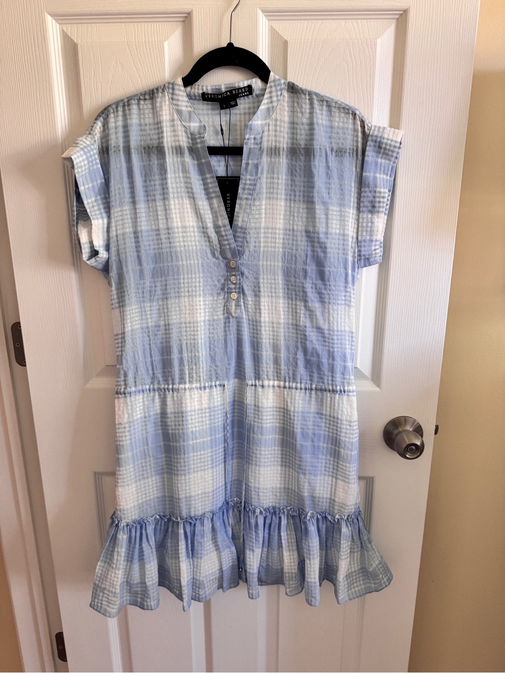 NWT Veronica Beard Women’s Light Blue & White Plaid Drawstring Lightweight Dress